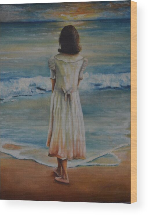  A Young Girl Looking Out At The Ocean Waiting For Her Sailor From World War Ll To Finally Come Home Wood Print featuring the painting Still Waiting by Martin Schmidt