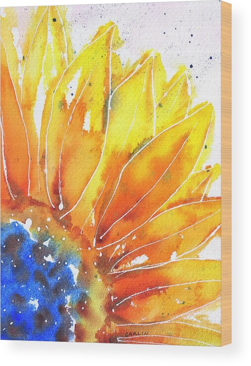 Sunflower Wood Print featuring the painting Sunflower Blue Orange and Yellow by Carlin Blahnik CarlinArtWatercolor