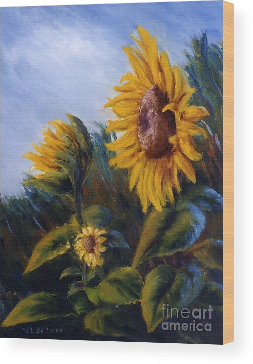 Flower Wood Print featuring the painting Sunflowers on Green Hill Under Blue Sky by Lenora De Lude