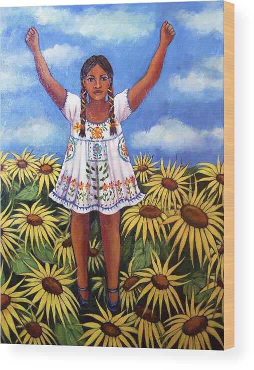 Young Mexican Girl Wood Print featuring the painting Sunflowers by Susan Santiago