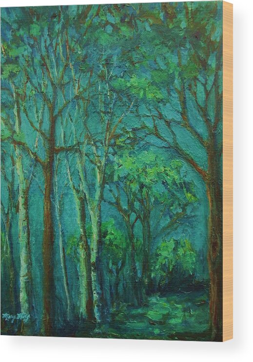 Impressionist Landscape Wood Print featuring the painting Sunlit Woodland Path by Mary Wolf