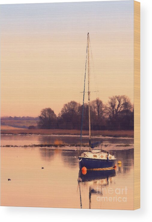 Boat Wood Print featuring the painting Sunset at the creek by Pixel Chimp