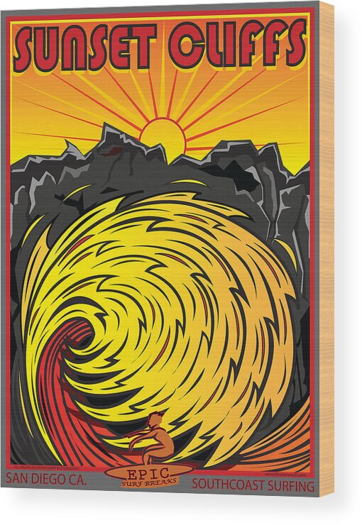 Surfing Wood Print featuring the digital art Surfing Sunset Cliffs San Diego California by Larry Butterworth