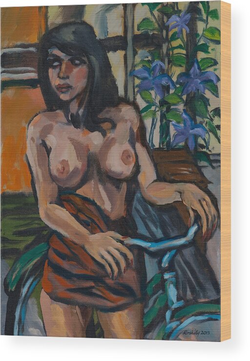 Clematis Wood Print featuring the painting Suzy with clematis by Peregrine Roskilly