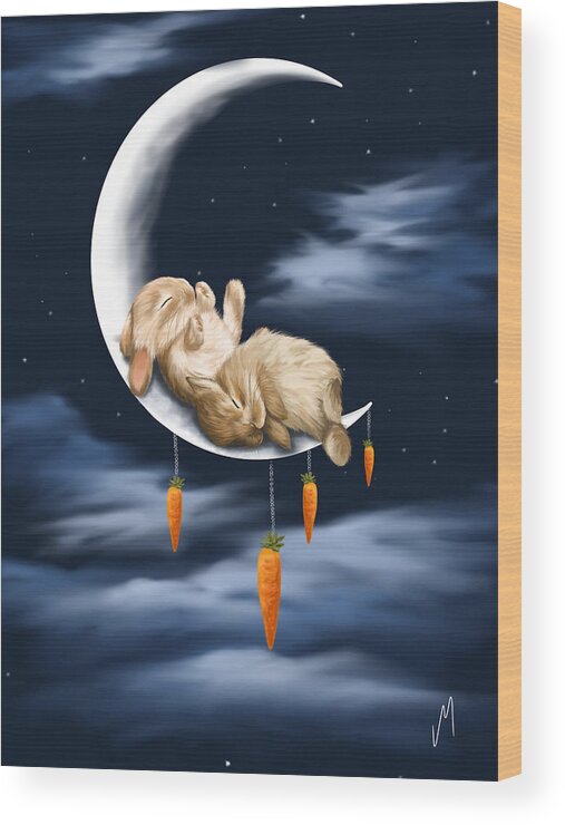 Bunnies Wood Print featuring the painting Sweet dreams by Veronica Minozzi