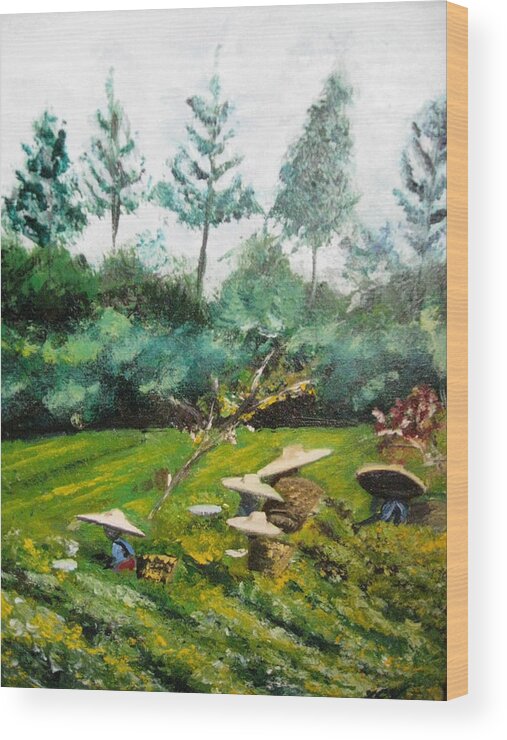 Tea Plantation With Tea Pickers In Indonesia. Wood Print featuring the painting Tea Plantation in Indonesia by Lucille Valentino