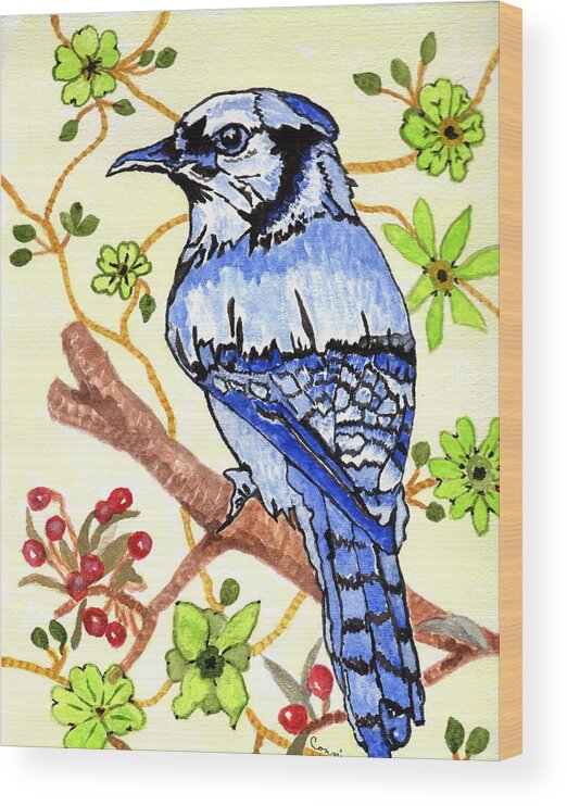 Bluejay Painting Wood Print featuring the painting The Bird In My Yard by Connie Valasco