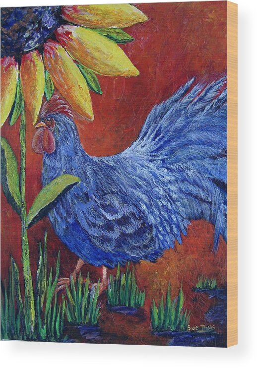 Rooster Wood Print featuring the painting The Blue Rooster by Suzanne Theis