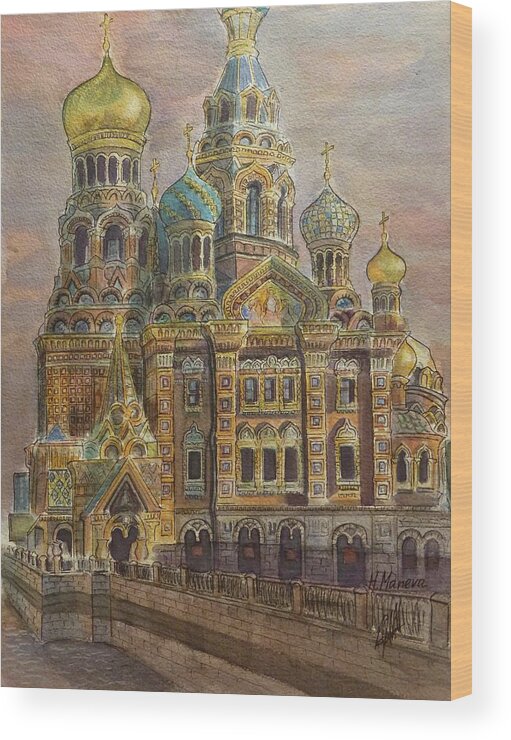 Architecture Wood Print featuring the painting The Church of Our Savior on the Spilled Blood St Petersburg by Henrieta Maneva