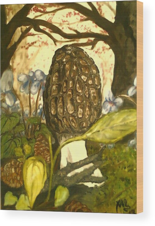 Morel Wood Print featuring the painting The Elusive Morel Among Violets by Alexandria Weaselwise Busen