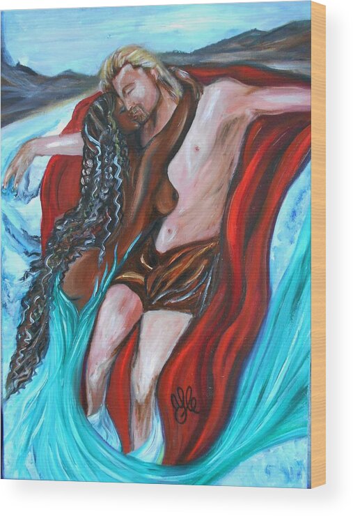  Fantasy Greeting Cards Wood Print featuring the painting The Mermaid - Love Without Boundaries- Interracial Lovers Series by Yesi Casanova 