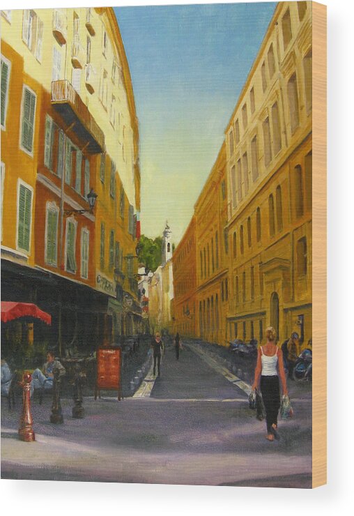Nice Wood Print featuring the painting The Morning's Shopping in Vieux Nice by Connie Schaertl