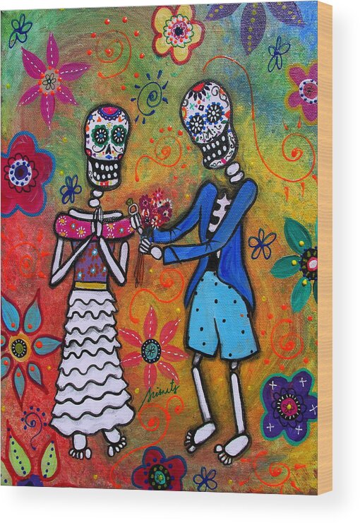 Day Of The Dead Wood Print featuring the painting The Proposal Day Of The Dead by Pristine Cartera Turkus