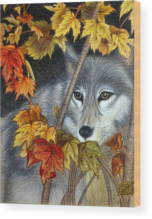 Wolf Wood Print featuring the drawing The Watcher by Jo Prevost