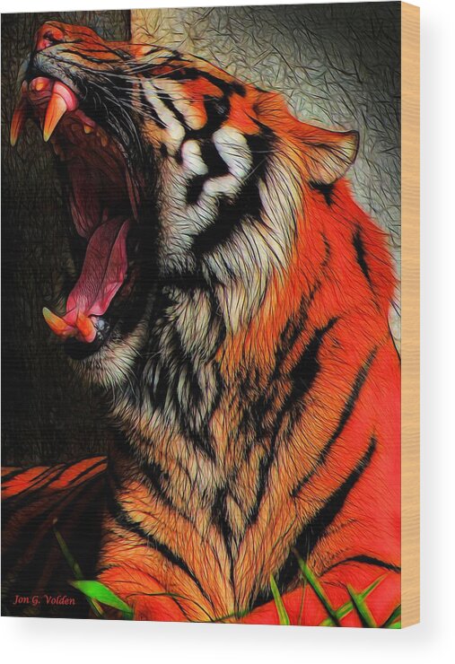 Tiger Yawning Wood Print featuring the painting Tiger Yawning by Jon Volden