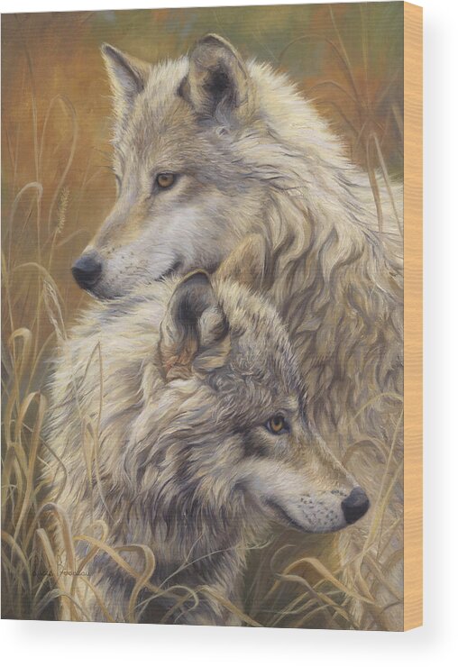 Wolf Wood Print featuring the painting Together by Lucie Bilodeau