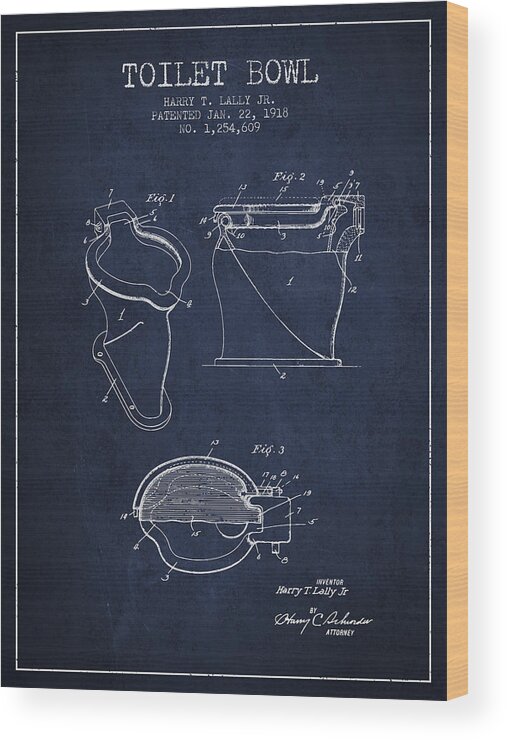 Toilet Bowl Wood Print featuring the digital art Toilet Bowl Patent from 1918 - Navy Blue by Aged Pixel