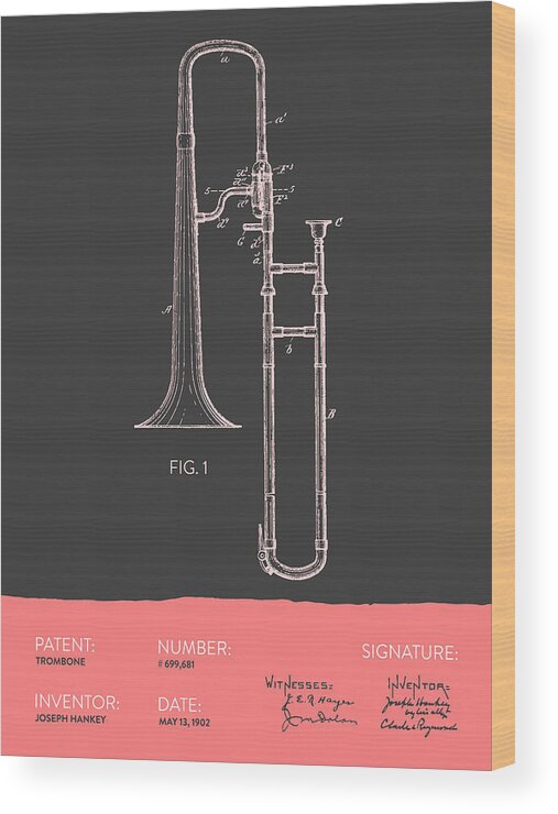 Trombone Wood Print featuring the digital art Trombone Patent from 1902 - Modern Gray Salmon by Aged Pixel