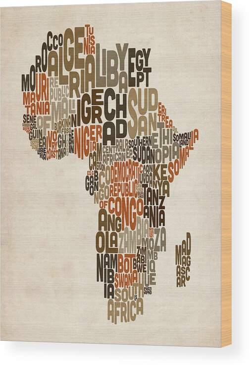 Africa Map Wood Print featuring the digital art Typography Text Map of Africa by Michael Tompsett