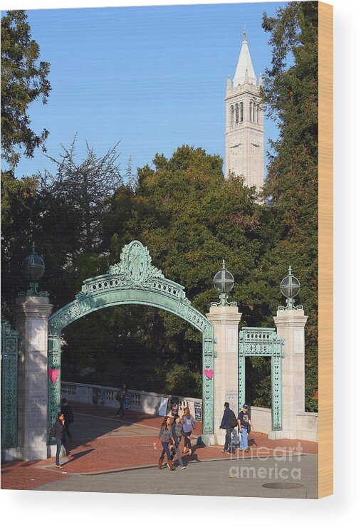 Berkeley Wood Print featuring the photograph UC Berkeley . Sproul Plaza . Sather Gate and Sather Tower Campanile . 7D10027 by Wingsdomain Art and Photography