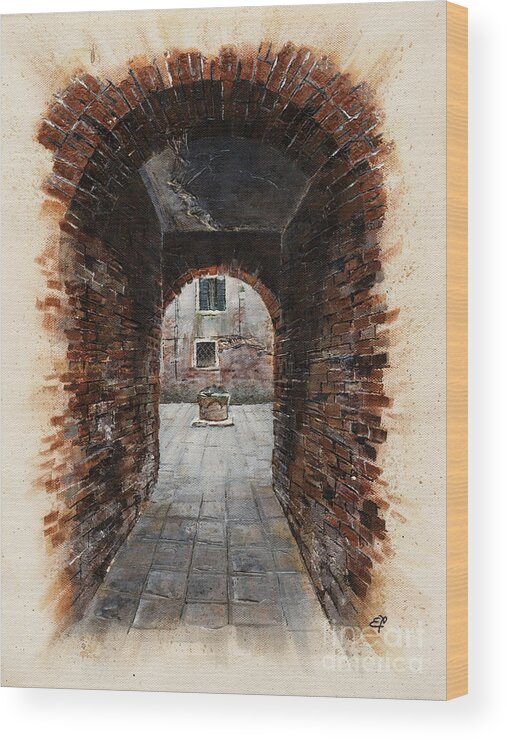Venice Wood Print featuring the painting Venetian courtyard 01 Elena Yakubovich by Elena Daniel Yakubovich