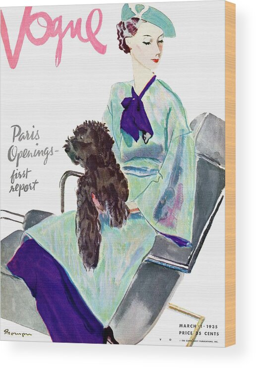 Illustration Wood Print featuring the photograph Vogue Cover Illustration Of A Woman With Dog by Pierre Mourgue