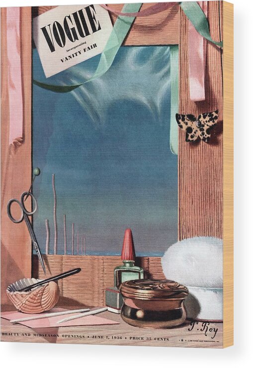Illustration Wood Print featuring the photograph Vogue Cover Illustration Of Cosmetics In Front by Pierre Roy