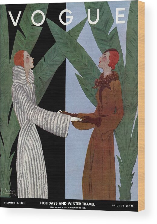 Illustration Wood Print featuring the photograph Vogue Cover Illustration Of Two Women Holding by Georges Lepape