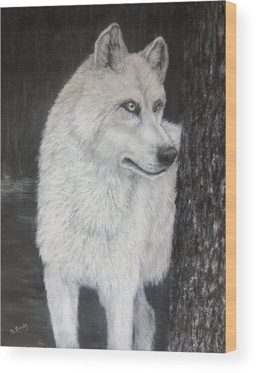 White Wolf Wood Print featuring the painting White Wolf on Guard by Nancy Lauby