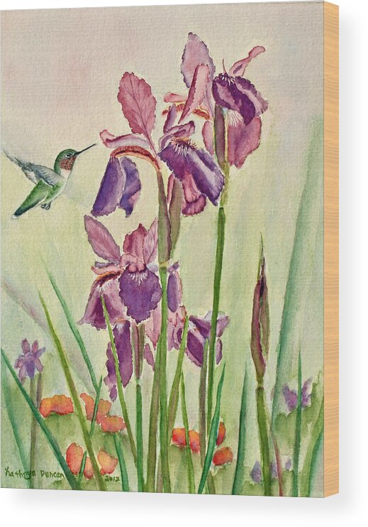 Hummingbird Wood Print featuring the painting Wild Iris Nectar by Kathryn Duncan