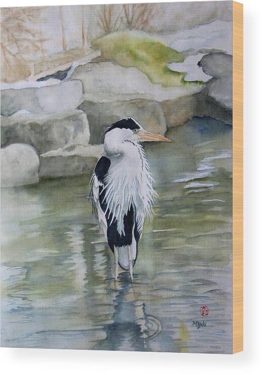 Heron Wood Print featuring the painting Winter Vigil by Miyuki Kimura