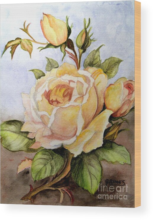 Rose Wood Print featuring the painting Yellow Roses in the Garden by Carol Grimes