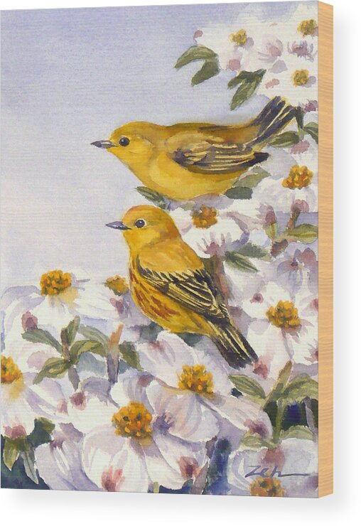 Birds Wood Print featuring the painting Yellow Warblers by Janet Zeh