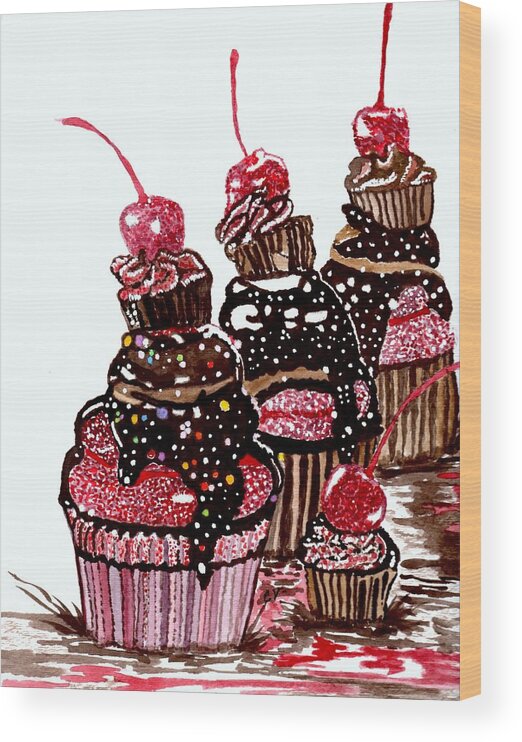 Cupcake Paintings Wood Print featuring the painting Yum Candy Cupcake by Connie Valasco