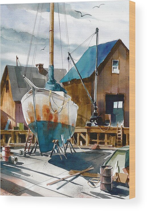  Dry Dock And Boat With Rusted Hull. Wood Print featuring the painting  Rusted Hull by Art Scholz