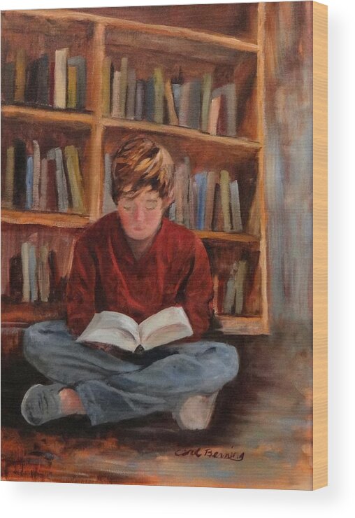 Boy In Library Wood Print featuring the painting In a Land Far Away by Carol Berning