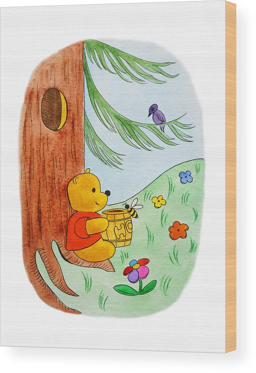 Winnie-the-pooh Wood Print featuring the painting Winnie The Pooh and His Lunch #2 by Irina Sztukowski