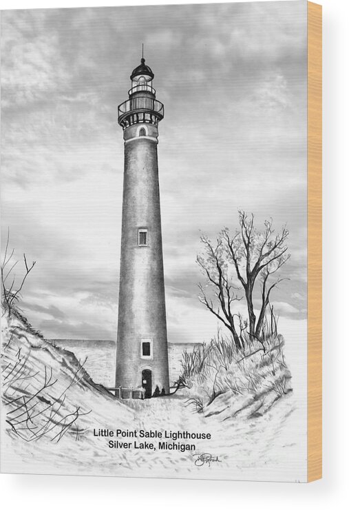 Little Point Sable Lighthouse Michigan Wood Print featuring the drawing Little Point Sable #9 by Bill Richards