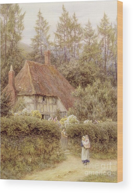 Mother And Child; Gate; Rural Scene; Country; Countryside; Home; House; Path; Garden; Wildflowers; Picturesque; Idyllic; Daughter; Timber Frame; Half-timbered; Children; Female Wood Print featuring the painting A Cottage near Haslemere by Helen Allingham