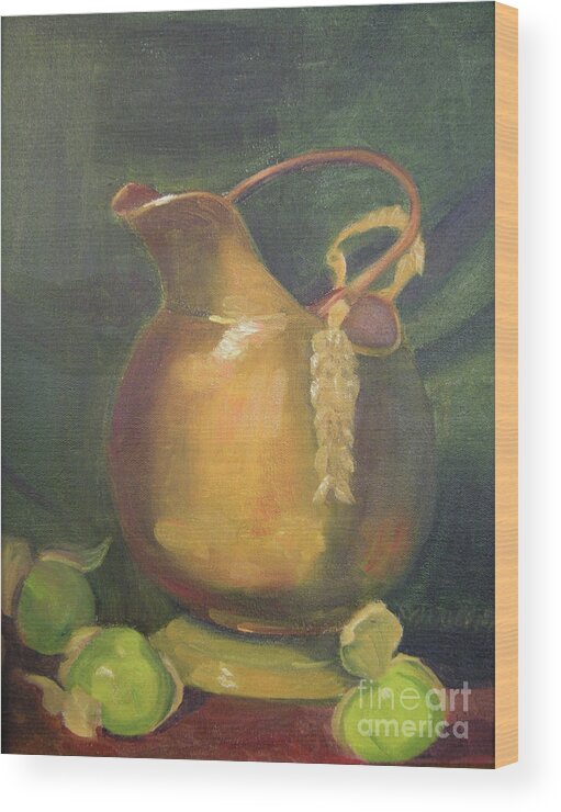 Still Life Wood Print featuring the painting Brass and Tomatillos by Lilibeth Andre