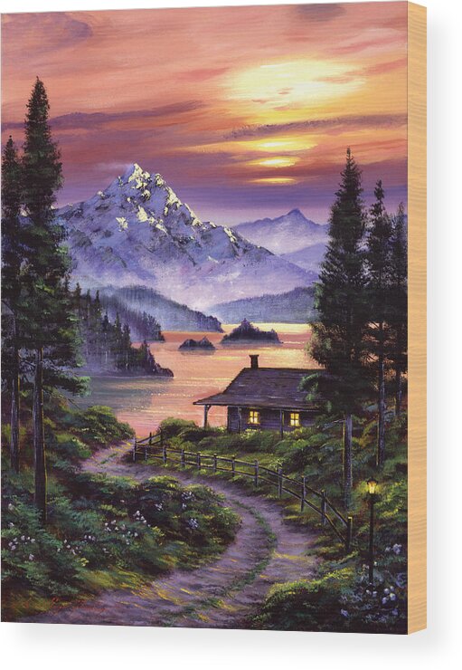 Landscape Wood Print featuring the painting Cabin On The Lake by David Lloyd Glover