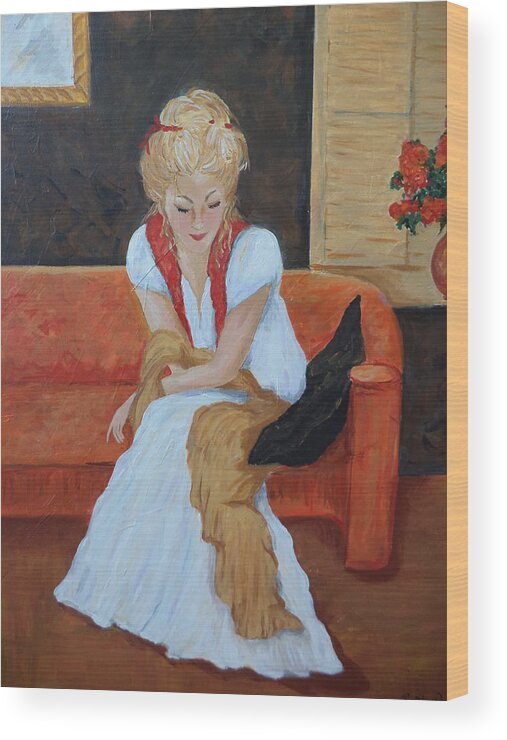 Woman Wood Print featuring the painting Contemplation by Rosie Sherman
