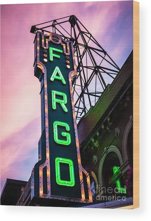 Fargo Wood Print featuring the photograph Fargo Theater Sign at Dusk Photo by Paul Velgos