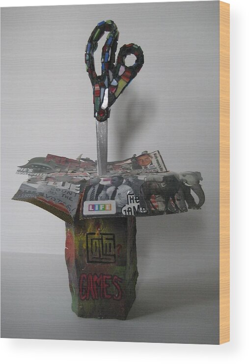 Sculpture Wood Print featuring the mixed media Games Rock-Paper-Scissors by Mark Lubich