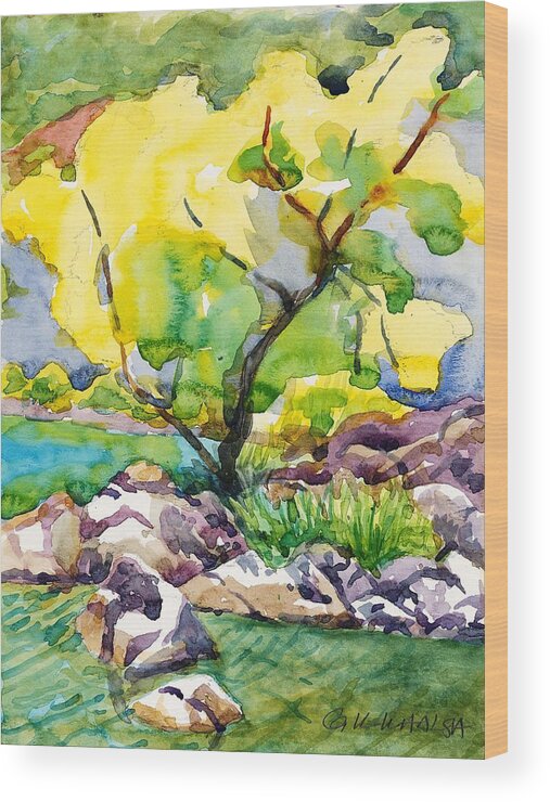 Prescott Wood Print featuring the painting Golden Tree at Goldwater Lake by Gurukirn Khalsa