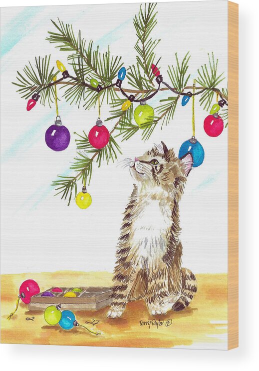 Cat Wood Print featuring the painting Kitten's First Christmas by Terry Taylor