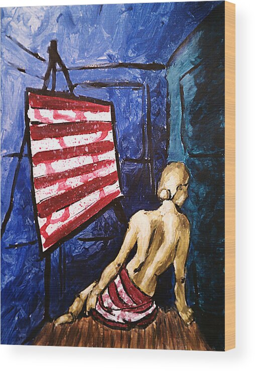 Lady Liberty Painting Wood Print featuring the painting Lady Liberty Female Flag Figure Painting in Red Green Blue and Yellow by M Zimmerman