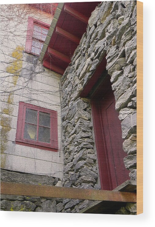 Old Mill Of Guilford Wood Print featuring the photograph Mystery Of The Red Door by Sandi OReilly