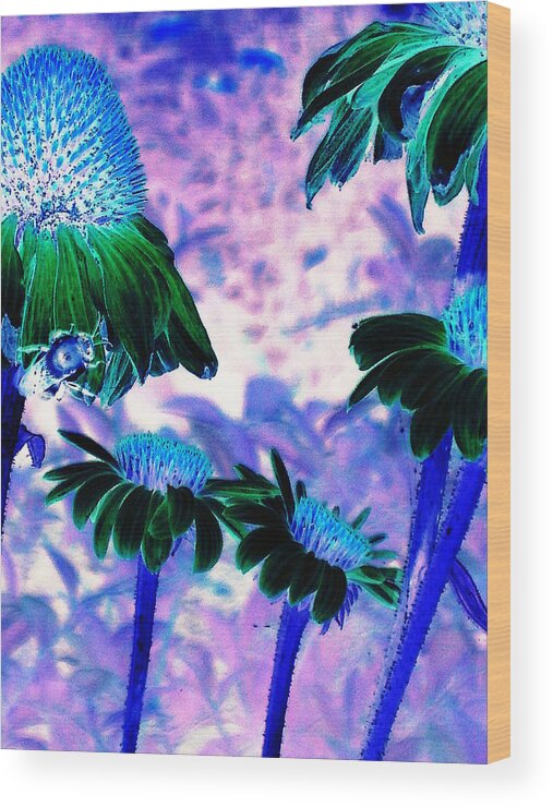 Abstract Wood Print featuring the digital art Neon flowers by Joseph Ferguson