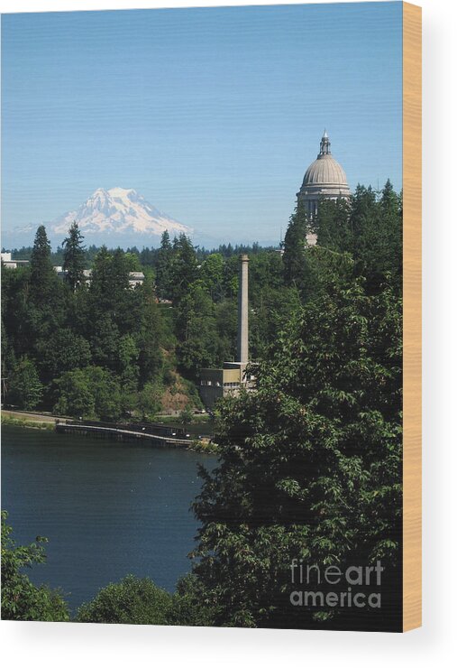 The Bay In Olympia Wood Print featuring the photograph Olympia WA Capitol and Mt Rainier by Phyllis Kaltenbach